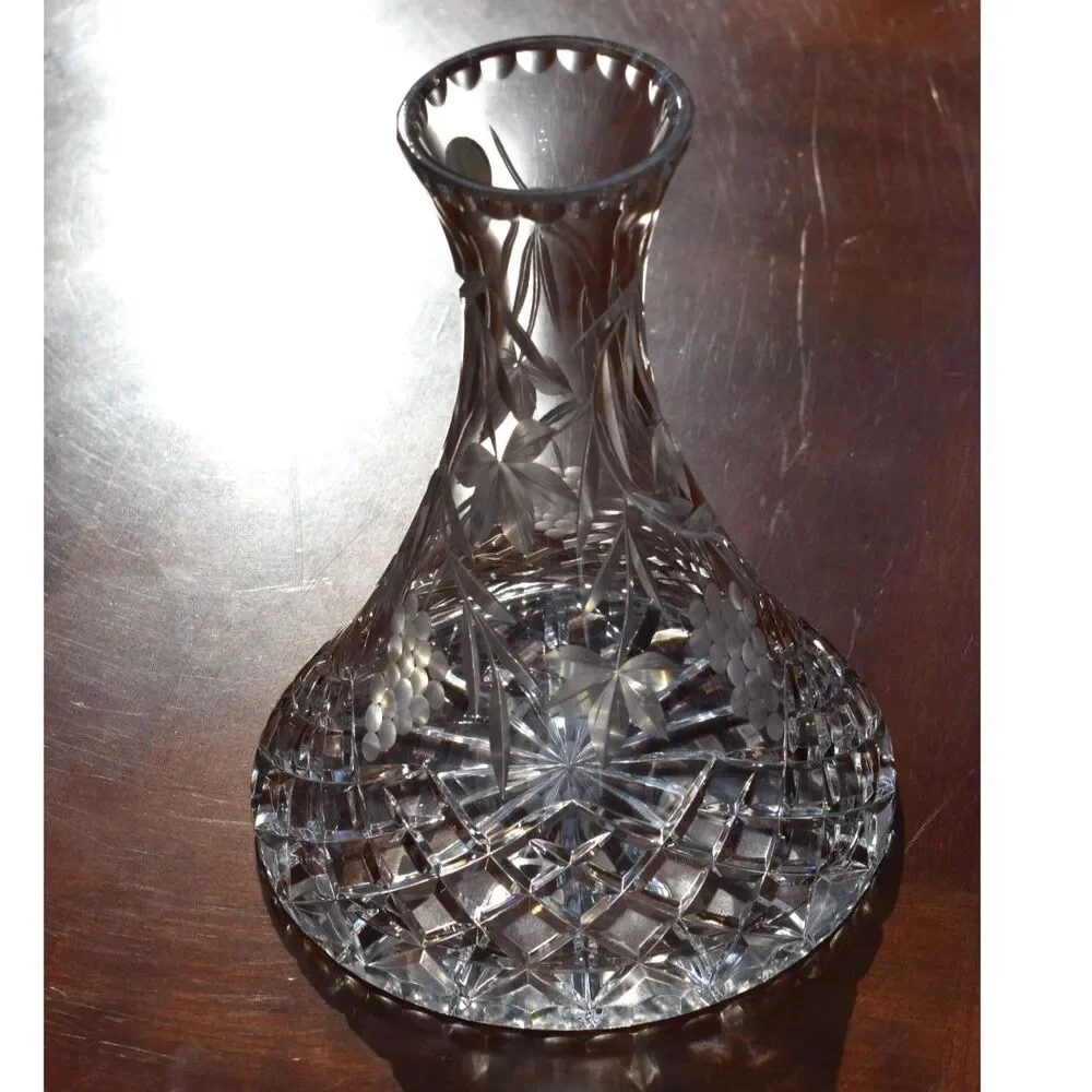 Polish 24% Lead Crystal Clear Decanter with Grape Motif – 9.25